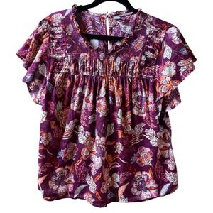 Old Navy Womens Burgundy Floral Smocked High Neck Flutter Sleeve Blouse L 694956